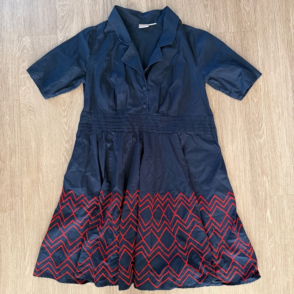 eshakti Navy Midi Dress with Red Chevron Embroidery